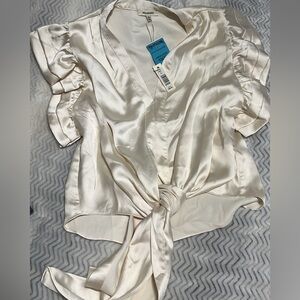 Beige front tie satin top